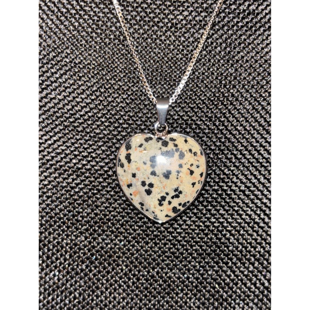 Dalmatian Jasper Heart Pendant Necklace Silver Tone Box Chain 20in Natural Stone